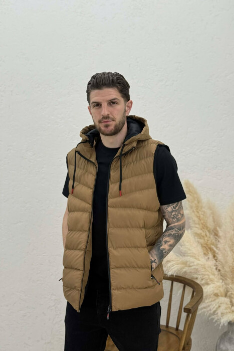 HOOD ZIPPER POCKET MEN VEST LIGHT BROWN/KAZB - KLAUDIO FASHION