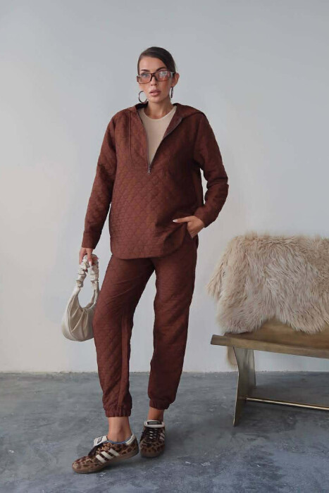 HOOD ZIPPERED SWEATSHIRT+TROUSERS WOMEN SET BROWN/KAFE 