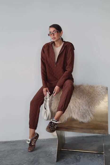 HOOD ZIPPERED SWEATSHIRT+TROUSERS WOMEN SET BROWN/KAFE - 4