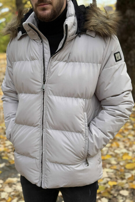 HOODED ONE COLOR MEN PUFFER JACKET LIGHT GREY/GZ - 1