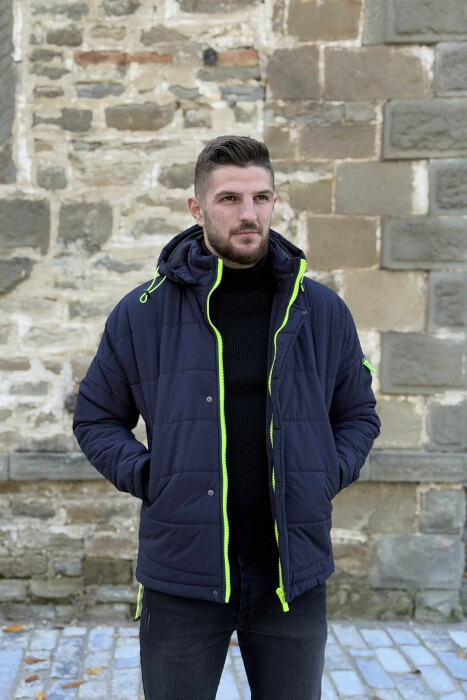 HOODED MEN PUFFER JACKET DARK BLUE/BEE - 1