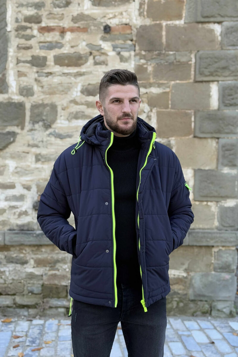 HOODED MEN PUFFER JACKET DARK BLUE/BEE - 1