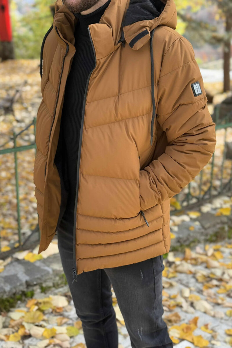 HOODED ONE COLOR MEN PUFFER JACKET BROWN/KAFE - 3