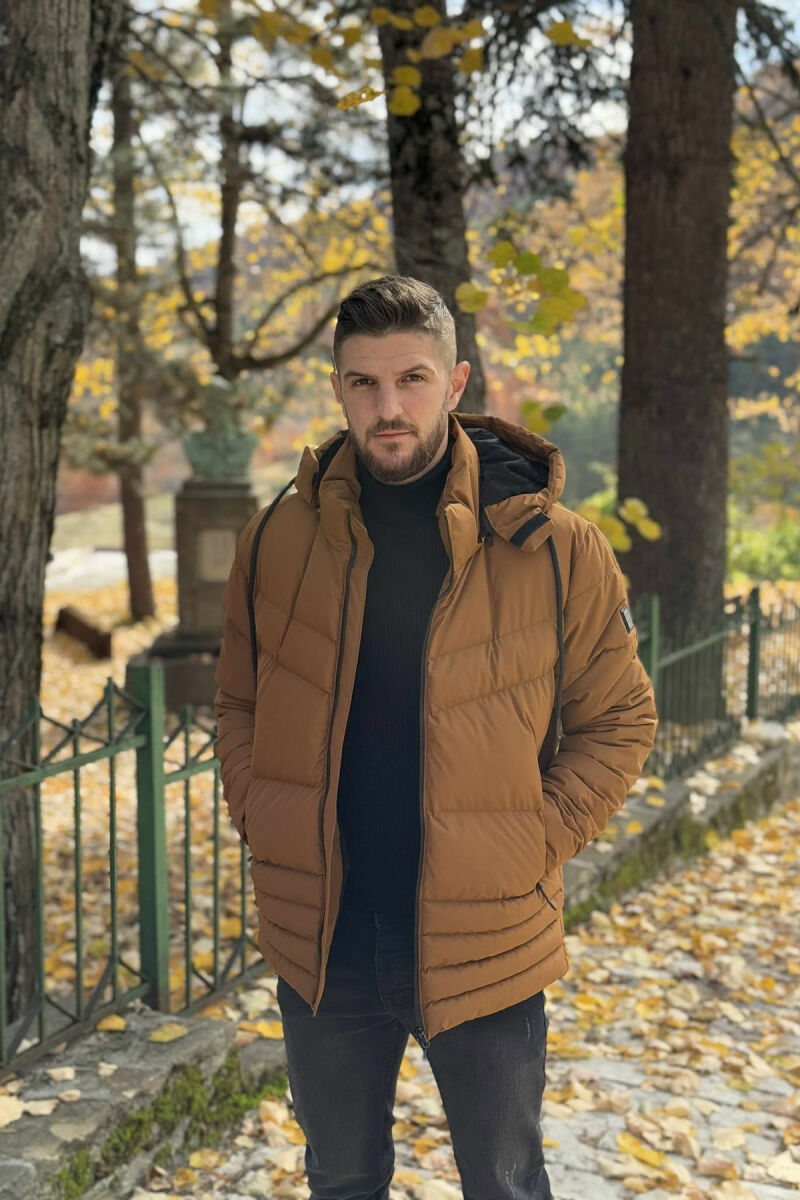 HOODED ONE COLOR MEN PUFFER JACKET BROWN/KAFE - 4