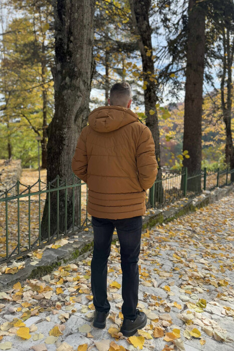 HOODED ONE COLOR MEN PUFFER JACKET BROWN/KAFE - 5