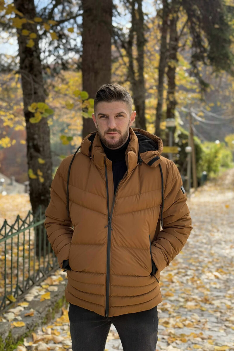 HOODED ONE COLOR MEN PUFFER JACKET BROWN/KAFE - 1