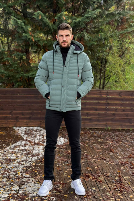 HOODED ONE COLOR MEN PUFFER JACKET BLUE STONE/GK - 1