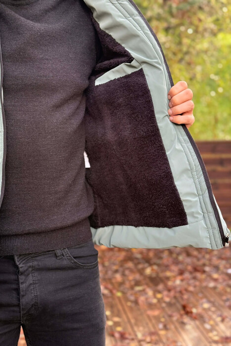 HOODED ONE COLOR MEN PUFFER JACKET BLUE STONE/GK - 4