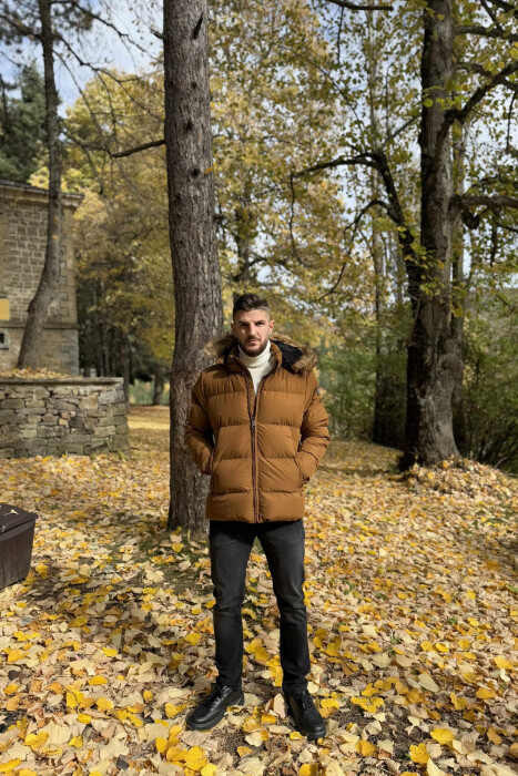 HOODED ONE COLOR MEN PUFFER JACKET BROWN/KAFE - 2