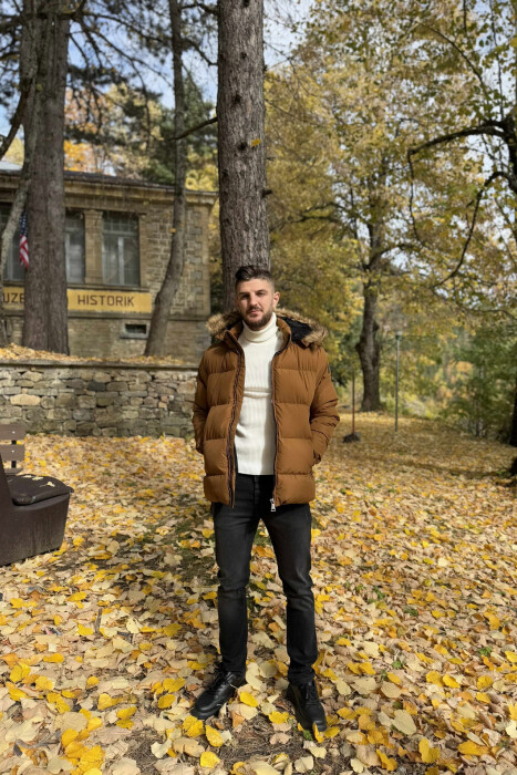 HOODED ONE COLOR MEN PUFFER JACKET BROWN/KAFE - 3