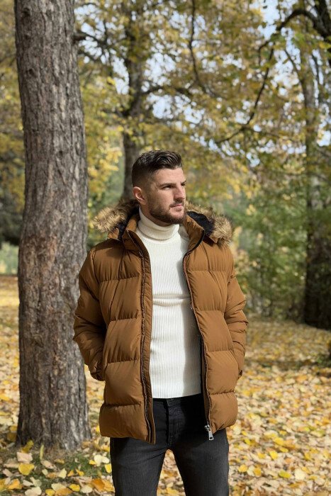 HOODED ONE COLOR MEN PUFFER JACKET BROWN/KAFE - 4