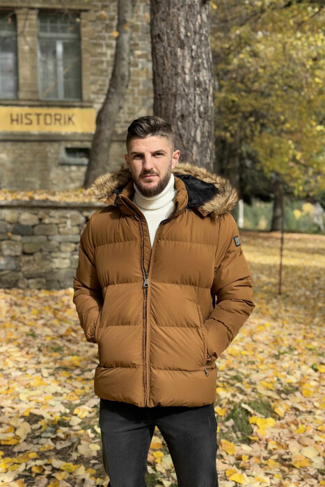 HOODED ONE COLOR MEN PUFFER JACKET BROWN/KAFE - 6