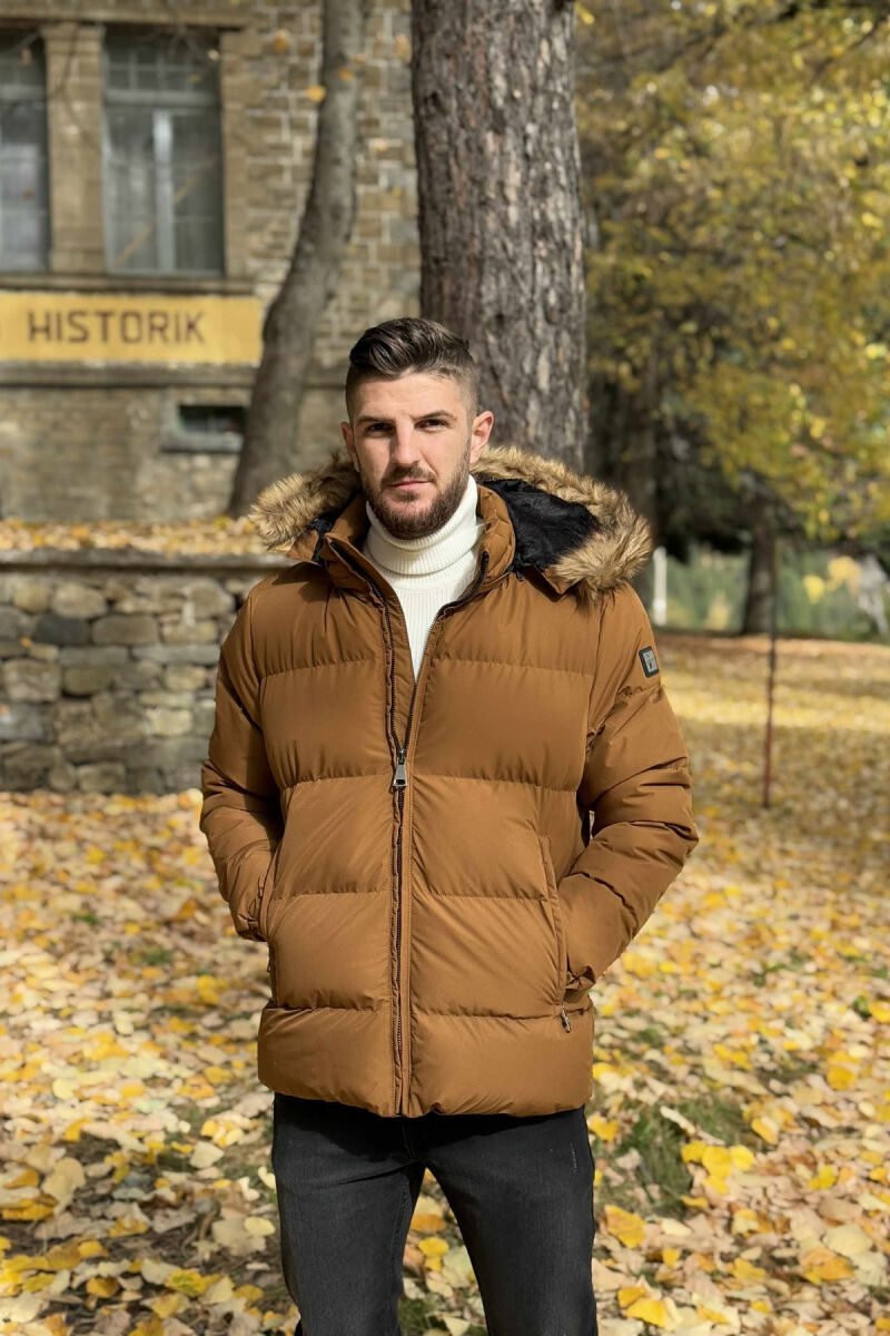 HOODED ONE COLOR MEN PUFFER JACKET BROWN/KAFE - 6