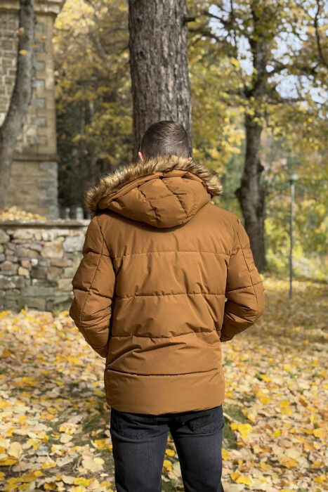 HOODED ONE COLOR MEN PUFFER JACKET BROWN/KAFE - 7