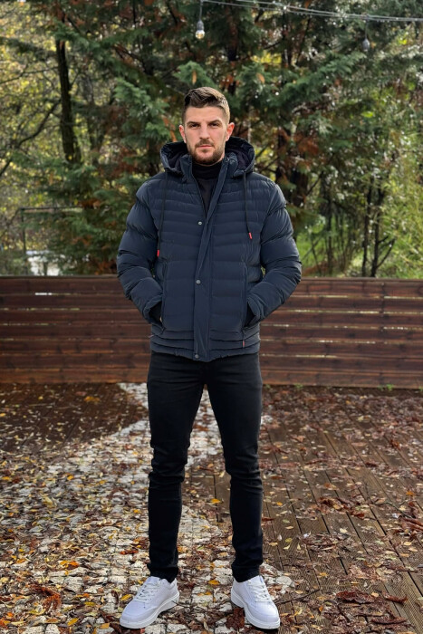 HOODED ONE COLOR MEN PUFFER JACKET DARK BLUE/BEE 