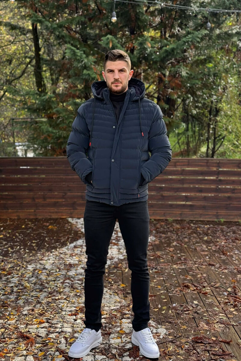 HOODED ONE COLOR MEN PUFFER JACKET DARK BLUE/BEE - 1