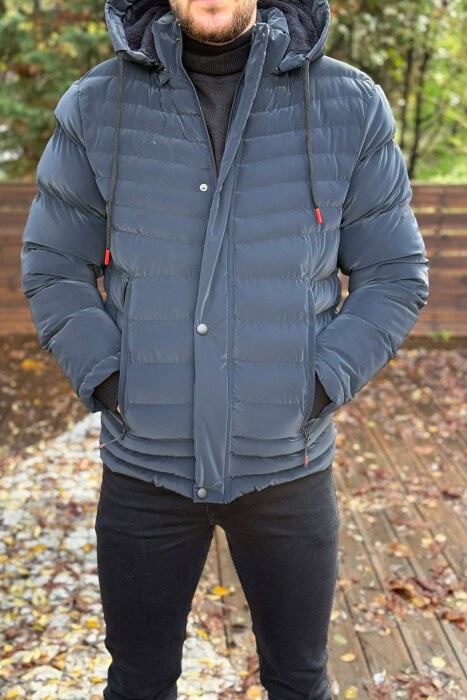 HOODED ONE COLOR MEN PUFFER JACKET DARK BLUE/BEE - 3