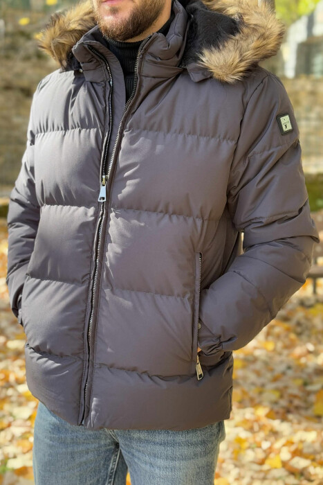 HOODED ONE COLOR MEN PUFFER JACKET DARK GREY/GEE 