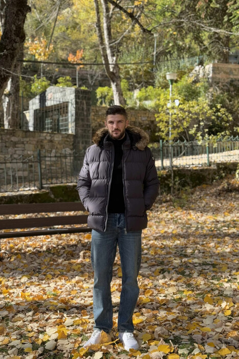 HOODED ONE COLOR MEN PUFFER JACKET DARK GREY/GEE - 2