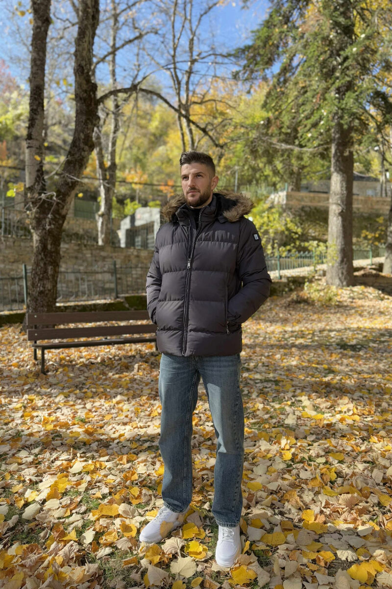 HOODED ONE COLOR MEN PUFFER JACKET DARK GREY/GEE - 6