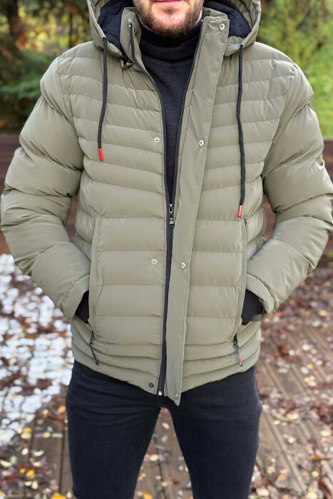 HOODED ONE COLOR MEN PUFFER JACKET GREEN/JESHILE - KLAUDIO FASHION