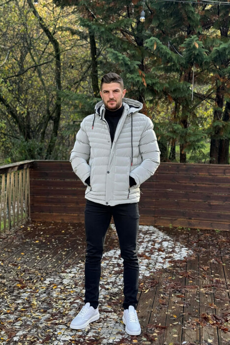 HOODED ONE COLOR MEN PUFFER JACKET LIGHT GREY/GZ - 2