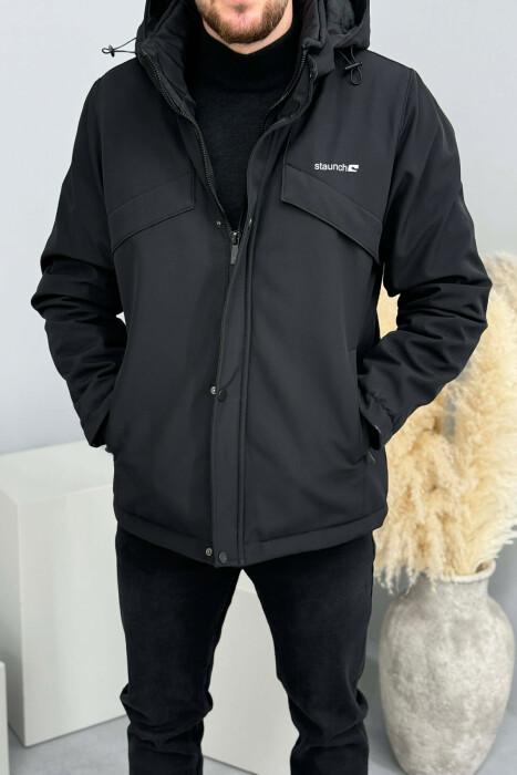HOODED ONE COLOR MEN ZIPPERED PUFFER JACKET BLACK/ E ZEZE - 1