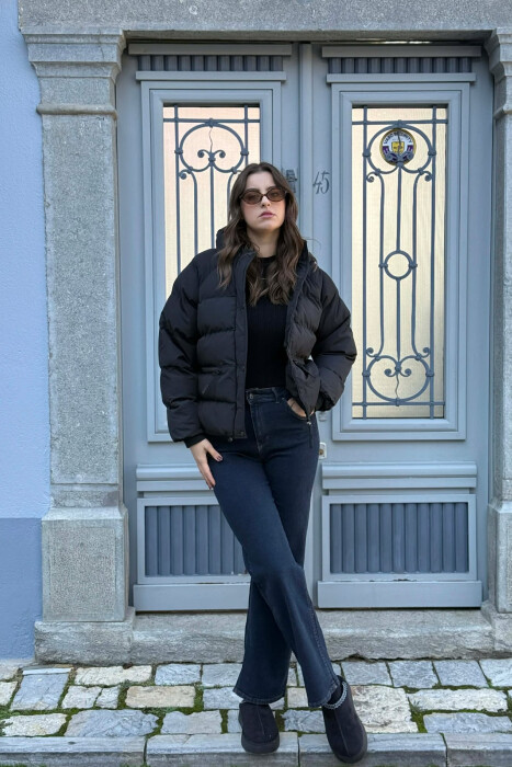 HOOD ONE COLOR WOMEN PUFFER JACKET BLACK/ E ZEZE 