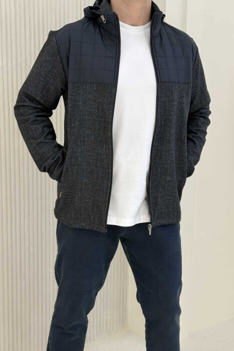 HOODED SIMPLE LIGHT MEN JACKET DARK BLUE/BEE 