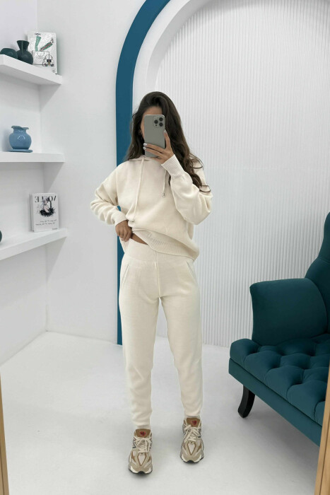 HOODED SIMPLE WOMEN KNIT SET CREAM/KREM - KLAUDIO FASHION