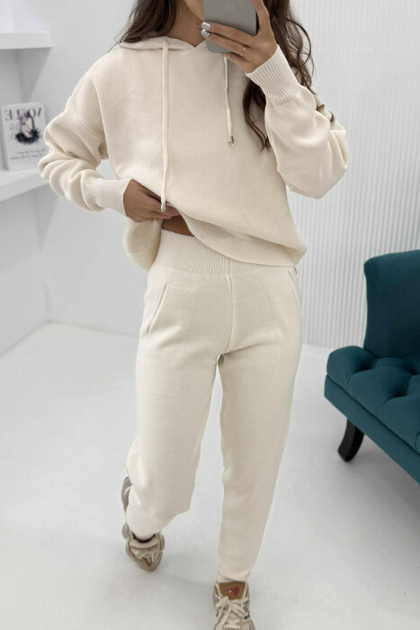 HOODED SIMPLE WOMEN KNIT SET CREAM/KREM - 4