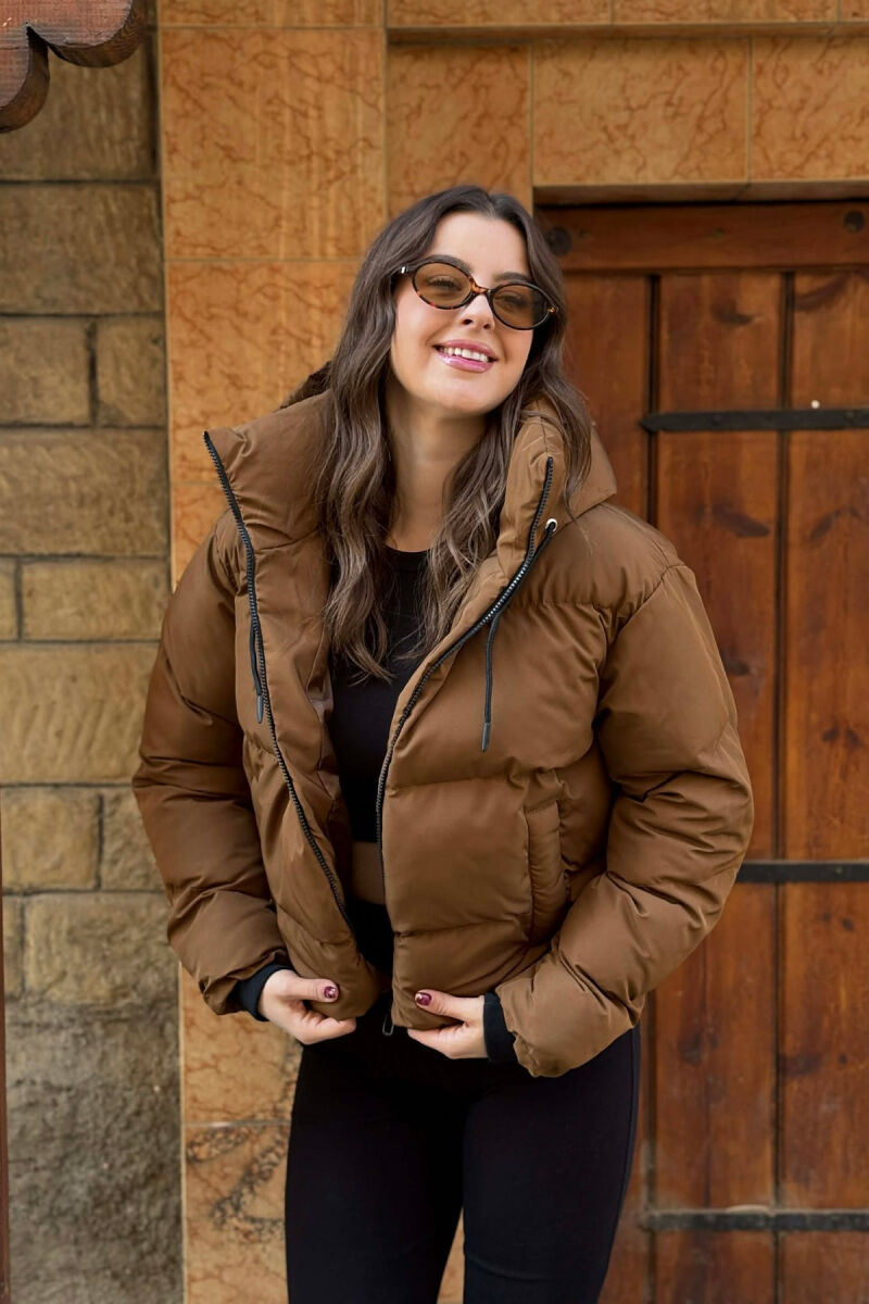 HOODED ONE COLOR WOMEN PUFFER JACKET BROWN/KAFE - 2