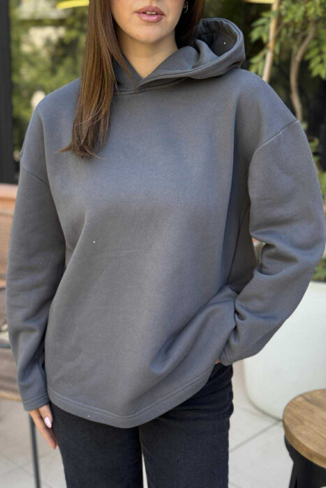 HOODIE E THJESHTË NJË NGJYRËSHE ME PUSH PËR FEMRA NË NGJYRËN GRI TË ERRËT - 4