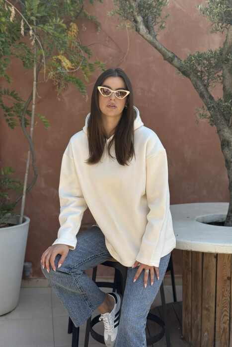 HOODIE E THJESHTË NJË NGJYRËSHE ME PUSH PËR FEMRA NË NGJYRËN KREM - 1