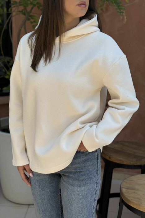 HOODIE E THJESHTË NJË NGJYRËSHE ME PUSH PËR FEMRA NË NGJYRËN KREM - 4