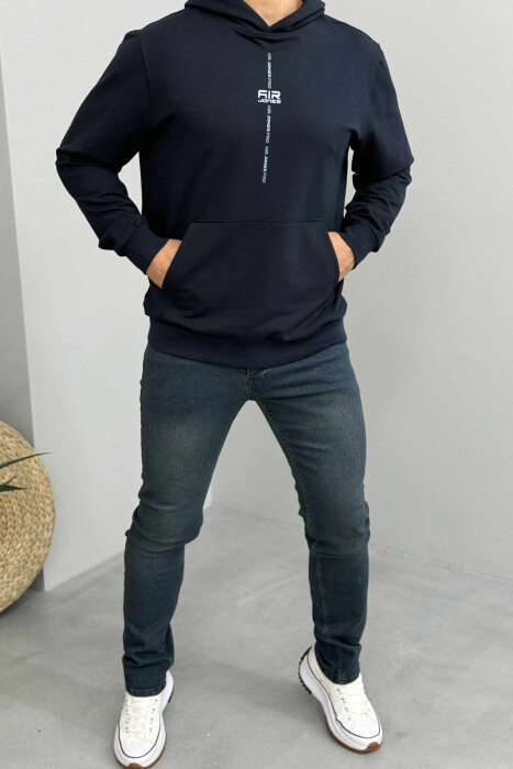 HOODIE E THJESHTË NJË NGJYRËSHE PËR MESHKUJ NË NGJYRËN BLU TË ERRËT - 2