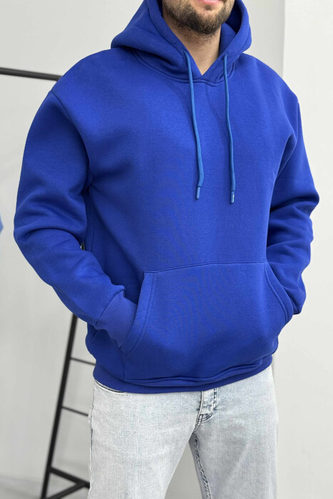 HOODIE E THJESHTË NJËNGJYRËSHE ME PUSH PËR MESHKUJ NË NGJYRËN BLU - 2