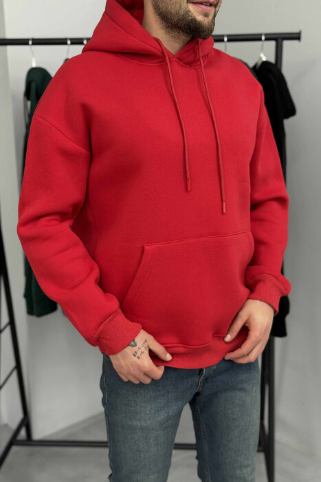 HOODIE E THJESHTË NJËNGJYRËSHE ME PUSH PËR MESHKUJ NË NGJYRËN E KUQE - 3