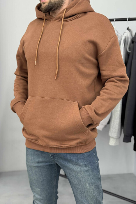 HOODIE E THJESHTË NJËNGJYRËSHE ME PUSH PËR MESHKUJ NË NGJYRËN KAFE - 3