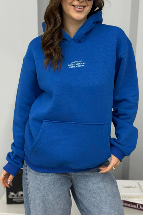 HOODIE ME PUSH DHE SHKRIME NE PJESEN PARA PER FEMRA NE NGJYRE BLU - 2