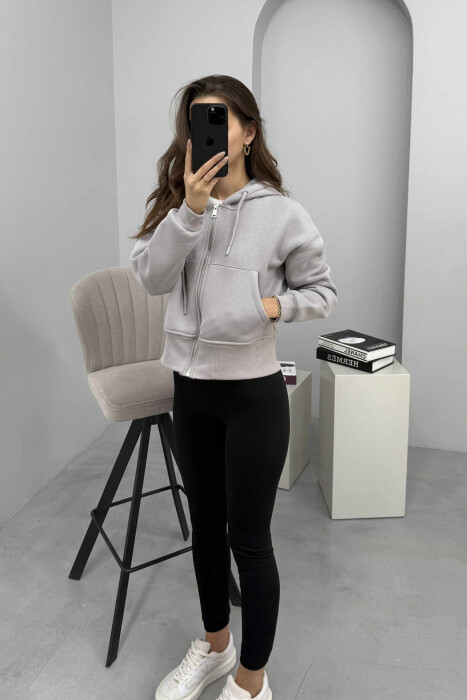 HOODIE ME ZINXHIR DHE ME PUSH NJË NGJYRËSHE PËR FEMRA NË NGJYRËN GRI - 3