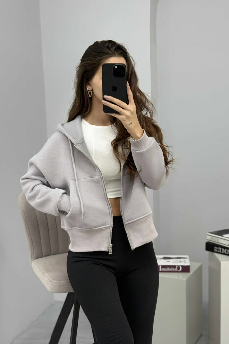 HOODIE ME ZINXHIR DHE ME PUSH NJË NGJYRËSHE PËR FEMRA NË NGJYRËN GRI - 7