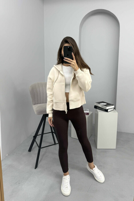 HOODIE ME ZINXHIR DHE ME PUSH NJË NGJYRËSHE PËR FEMRA NË NGJYRËN KREM 