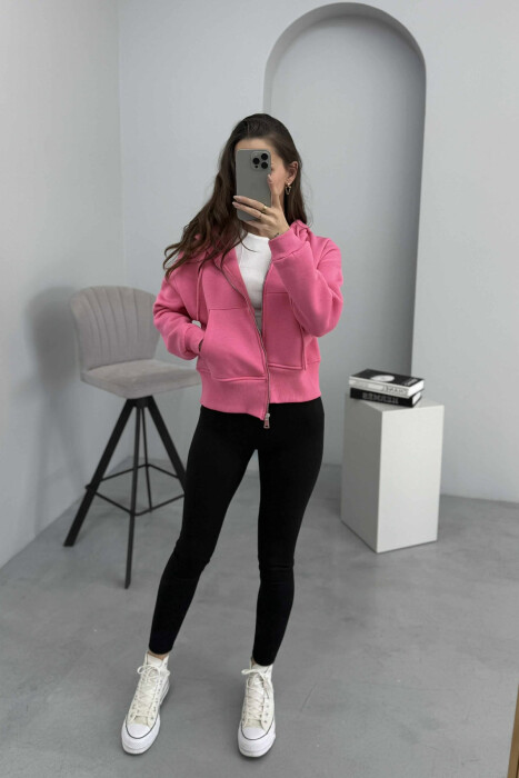 HOODIE ME ZINXHIR DHE ME PUSH NJË NGJYRËSHE PËR FEMRA NË NGJYRËN ROZË 