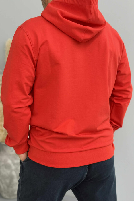 HOODIE NJË NGJYRËSHE ME LOGO NË PJESËN PARA PËR MESHKUJ NË NGJYRË TË KUQE - 4