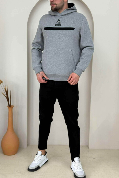 HOODIE NJË NGJYRËSHE ME LOGO NË PJESËN PARA PËR MESHKUJ NË NGJYRËN GRI - 2