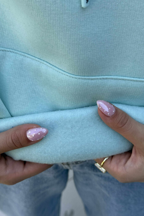 HOODIE NJË NGJYRËSHE ME PUSH DHE ME SHKRIM PARA PËR FEMRA NË NGJYRË MENTE - 4