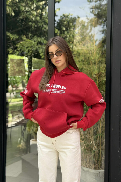 HOODIE NJË NGJYRËSHE ME PUSH DHE ME SHKRIME NË PJESËN PARA PËR FEMRA NË NGJYRË TË KUQE - 3