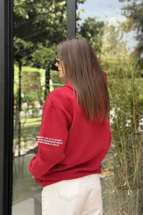 HOODIE NJË NGJYRËSHE ME PUSH DHE ME SHKRIME NË PJESËN PARA PËR FEMRA NË NGJYRË TË KUQE - 4