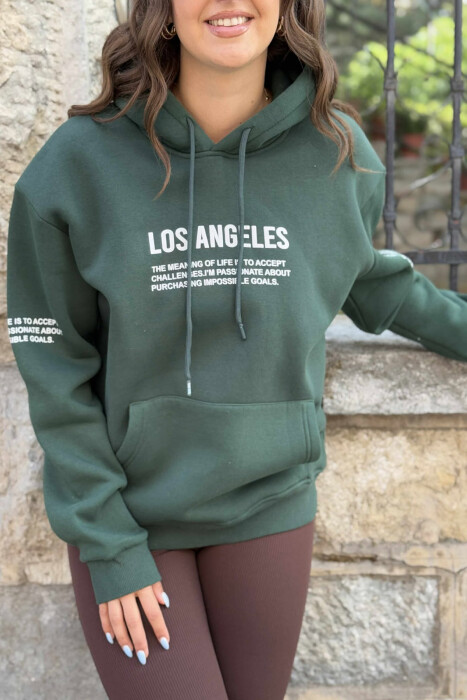 HOODIE NJË NGJYRËSHE ME PUSH DHE ME SHKRIME NË PJESËN PARA PËR FEMRA NË NGJYRËN JESHILE - 4